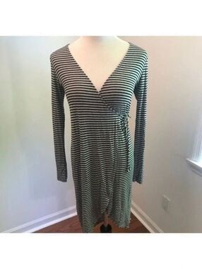 Anthropologie Everly Black and Gray Striped Wrap Dress Sz M